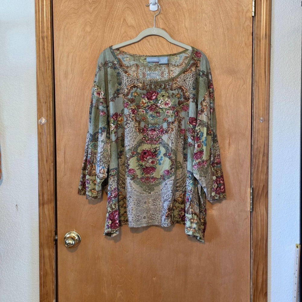 Liz & Me Plus Size 4X Cotton Beaded Antique Rose Floral Tunic Top Green Multi
